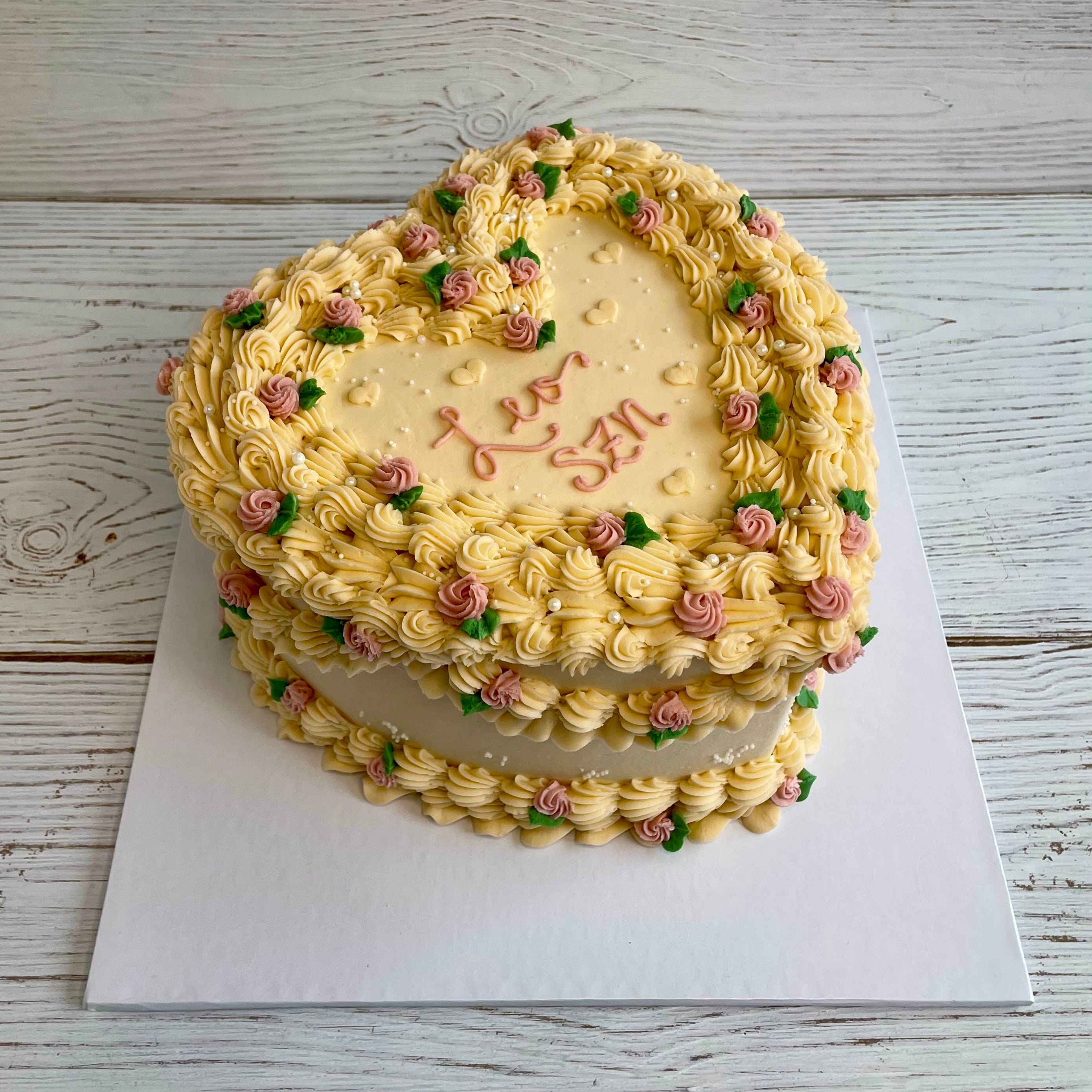 Golden Yellow Heart-Shaped Cake with Roses