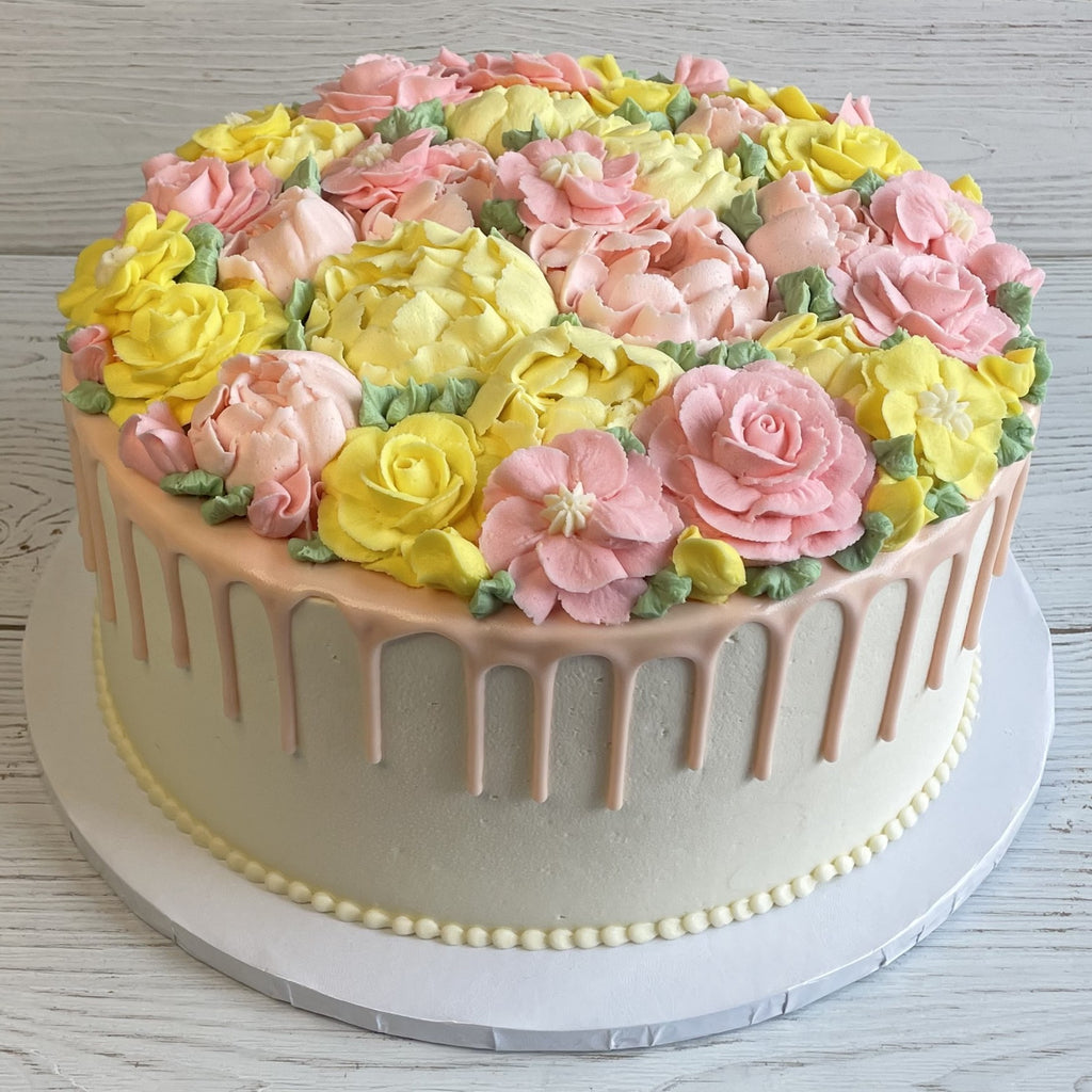 Pink and Yellow Floral Cake with Drip