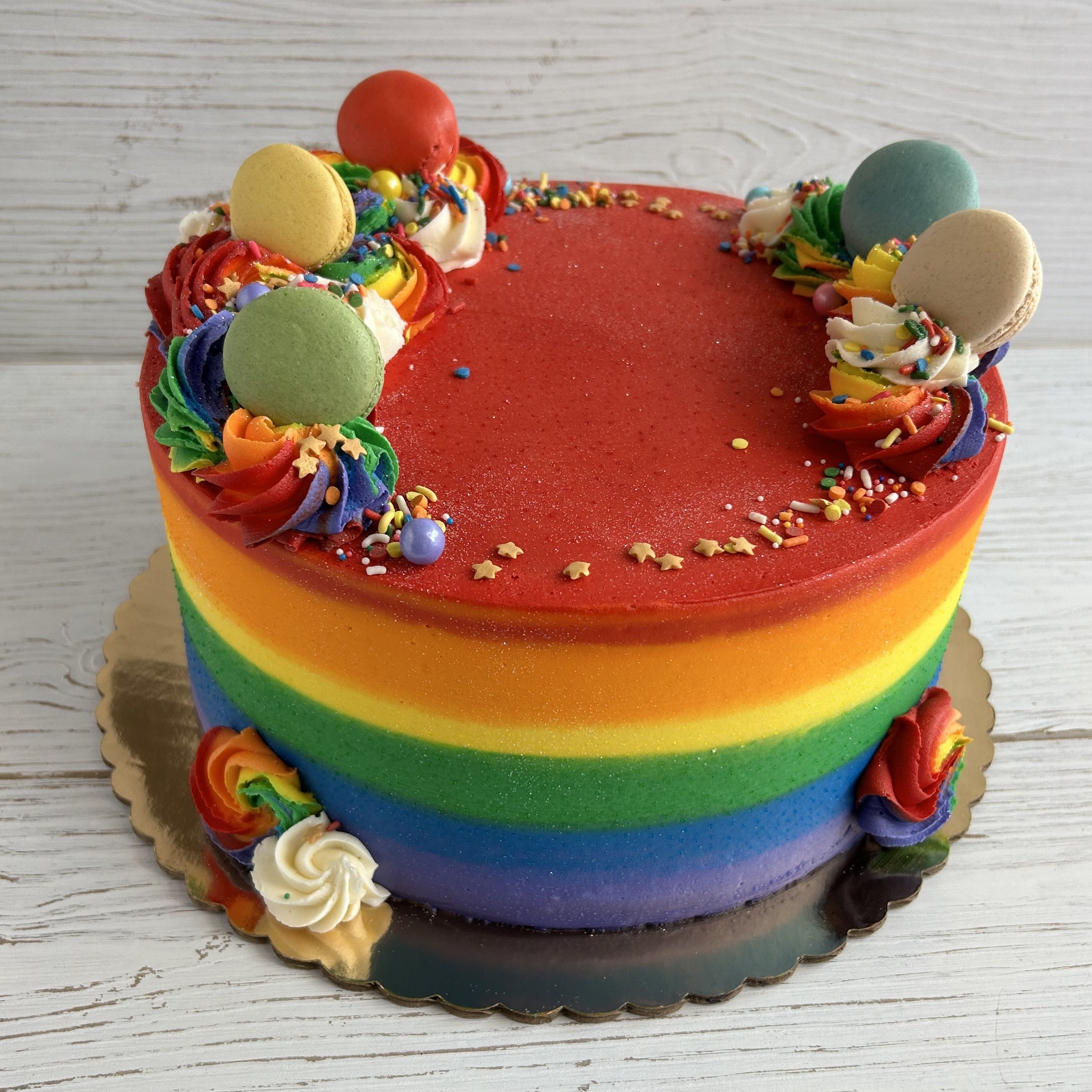 Rainbow Stripe Cake with Macarons