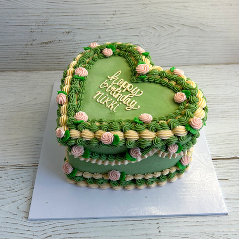 Sage Green and Dusty Rose Heart-Shaped Cake