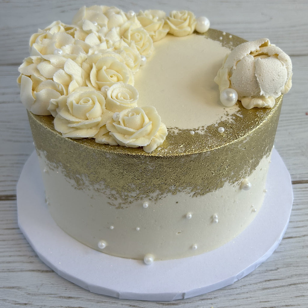 White Roses Cake with Gold Trim and Pearl Accents